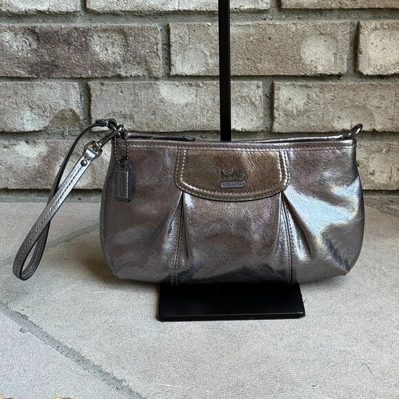 COACH MADISON WRISTLET MINI BAG METALLIC SILVER GOLD Women's Clutch Like New - Picture 1 of 13